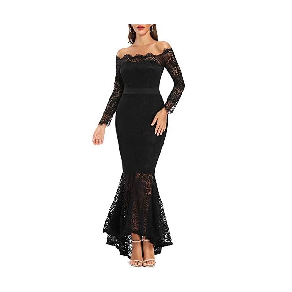 LALAGEN Women's Floral Lace Long Sleeve Off Shoulder Wedding Mermaid Dress Black XL