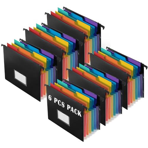 TRANBO 7-Pockets Hanging File Folder with Retractable Hooks for Filing Cabinet, Letter Size Expandable Accordion File Organizer with Elastic Band for File Frame or On-The-Go Use (6 Pack)