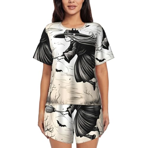 Pijama de manga corta para mujer de bruja voladora para Halloween y hogar