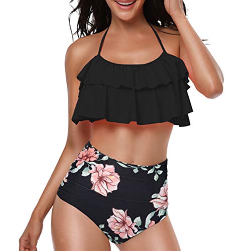 TEERFU Traje de baño para mujer, traje de baño de dos piezas, parte superior con volantes, control de abdomen, cintura alta, conjunto de bikini, Negro, L
