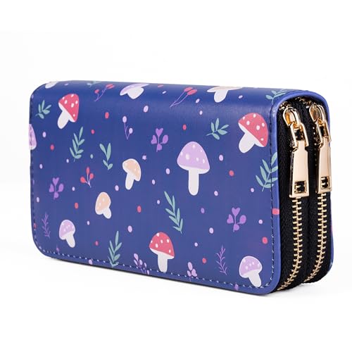Nabegum Mushroom Wallets for Women Large Capacity Double Zippes Ladies Purse Vintage Credit Card Holder (Dark Blue)