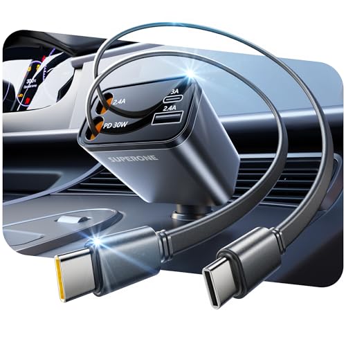 SUPERONE Smaller Retractable Car Charger with Dual Type C Cords, 69W Fast Retractable USB C Car...
