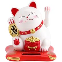 Lucky Cat Car Decor, Solar Powered Home Display with Waving Arm Good Luck Wealth Welcoming Cats Home Display Car Decor Feng Shui DecorationWhite