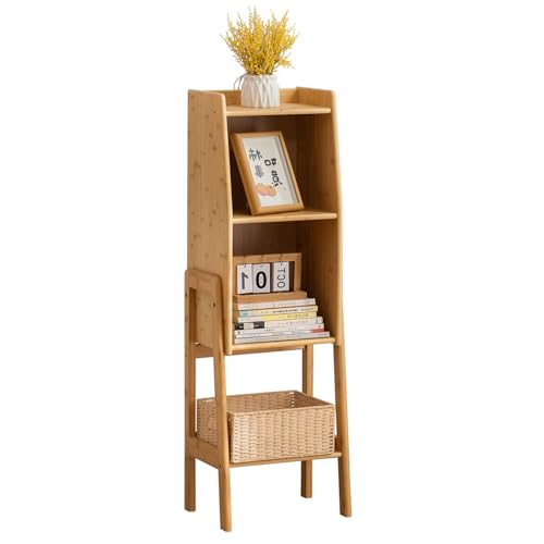 latifolia Bookshelf, 3-Tier Bamboo Bookcase with Bottom Storage Shelving, Narrow