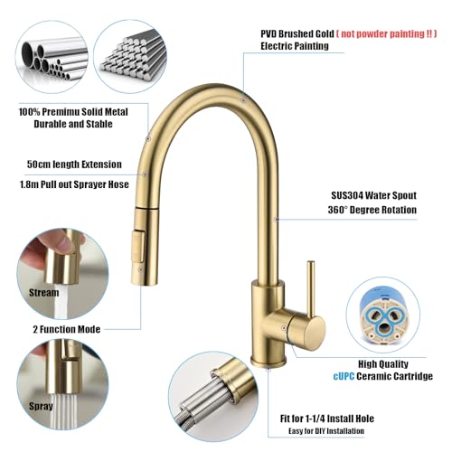 Image of Havin Gold Kitchen Faucet,High Arc Stainless Steel Material,with Pull Down Kitchen Sprayer,cUPC Cartridge,Without Deck Plate,Updating with Spare Sprayer and Soap Dispenser,Brushed Gold