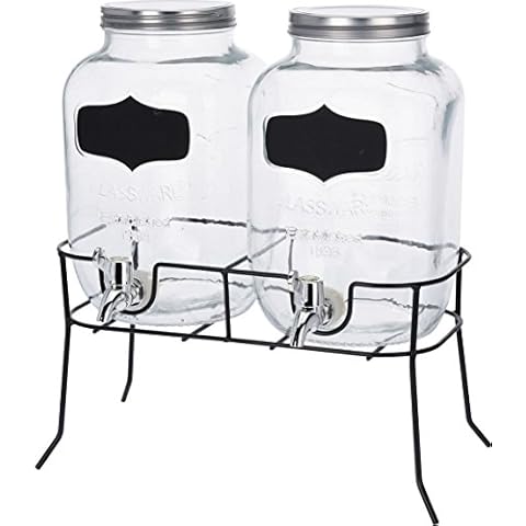 Getränke Spender Set - 2X 4l Glas mit Zapfhahn und Gestell - Saftspender Dispenser Wasserspender Cover