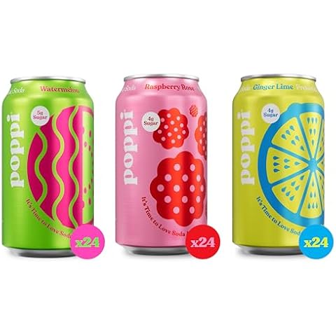 POPPI Sparkling Prebiotic Soda, Bulk 72-Pack, Ginger Lime, Watermelon and Raspberry Rose, Beverages made with Apple Cider Vinegar, Low Calorie & Low Sugar Drinks, 12oz Cover
