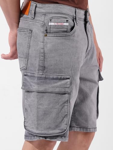 Image of The Indian Garage Co Men Relaxed Fit Solid Mid-Rise Denim Cargo Shorts