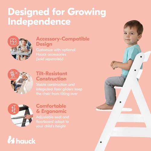 Image of Hauck Alpha+ Grow Along Adjustable Wooden High Chair Seat w / 5 Point Harness & Bumper Bar for Baby & Toddler Up to 198 lbs, Beechwood, White
