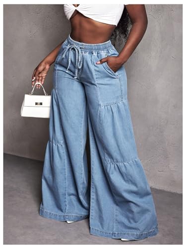 WDIRARA Women's Casual High Waisted Wide Leg Denim Pants Drawstring Baggy Jeans with Pockets4