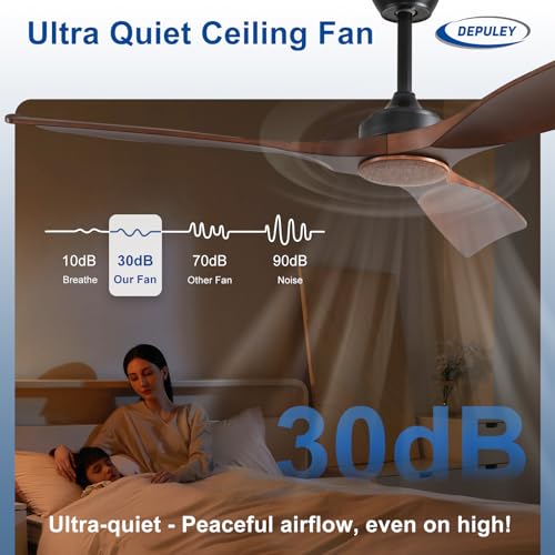 Image of Depuley Ceiling Fan Without Light: 52 Inch 3 Blade Outdoor Fans for Patios - Walnut Ceiling Fan No Light Indoor Remote Control Ultra Quiet DC Motor Reversible 6 Speed Timer