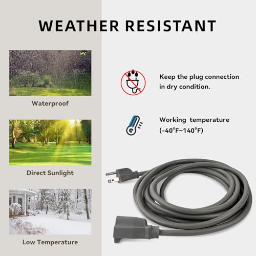 Image of 25ft Outdoor Extension Cord for Christmas Decorations - 16 /3 Heavy Duty SJTW Waterproof Gray Electrical Cable with 3 Prong Grounded Plug for Safety, Great for Lawn and Major Appliances