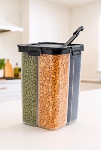 Image of 4 Section Kitchen Storage Container Box | Fridge Storage Containers | Airtight, Durable, BPA-FRee Plastic Container | Organize Graines, Pulses, Snacks & Food in One Jar | 2500ml, Black