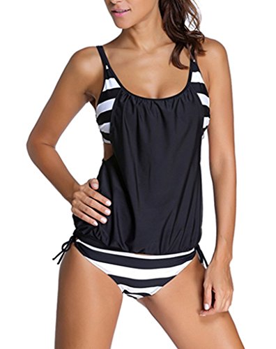 EVALESS Womens Casual Strips Sporty Double Up Tankini Top Swimsuit Set XX-Large Size Black