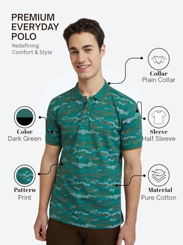 Image of Colorplus Men's Regular Fit Print Pattern Pure Cotton Half Sleeve Polo Neck Casual T-Shirt