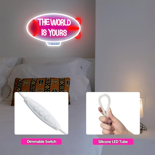 Image of The World Is Yours Neon Sign Blimp Neon Light for Wall Decor Dimmable Airship Led Light Up Signs for Bedroom Game Room Man Cave Boys Teens Room Bar Birthday Party Wedding Valentines Day