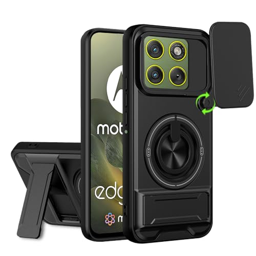 Image of AESTMO Moto Edge 70 5G Back Cover | Armor Camera Slider 360 Degree Rotating Finger Ring Holder Case with Bracket Stand Back Case Cover (Compatible with MagSafe Wireless Charging)(Black)