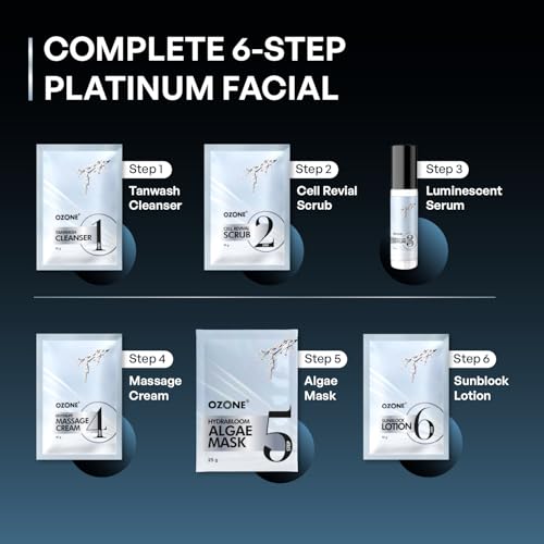 Image of Ozone Radiant Platinum Facial Kit | 75 gm | With Vitamin B3, B5 & Licorice | Powered by Algae Mask for Deep Hydration | Prevents Signs of Ageing | For All Skin Types | Single Use