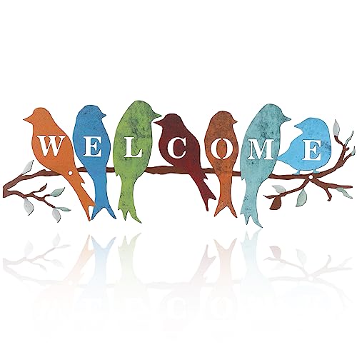 Peryiter Bird Wall Art Birds on Branch Welcome Sign Hanging Outdoor Metal Wall Decor Welcome Signs for Porch Vivid Statue Welcome Wall Decor Tree Silhouette for Bedroom Garden(Rustic Colors)