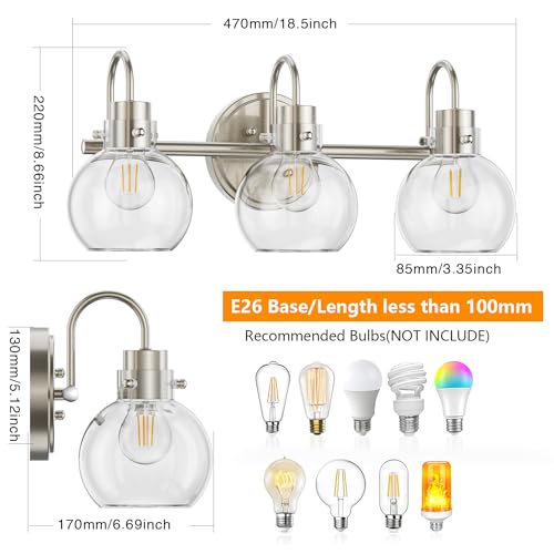 Image of 3 Lights Vanity Light, Brushed Nickel Bathroom Light Fixtures, Farmhouse Wall Sconces with Globe Clear Glass Shade, Porch Wall Mount Lamp for Mirror, Kitchen, Porch, Living Room, Workshop (E26 Base)