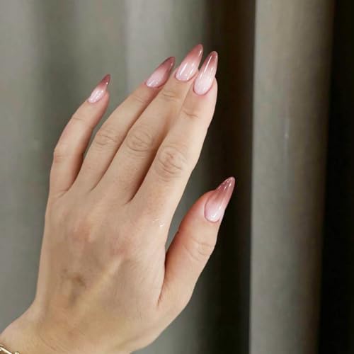 Almond Press on Nails Medium Length Brown French Tip Fake