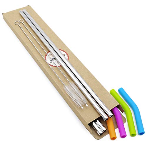 Big Drinking Straws Reusable 14.5" Extra Long 8Mm Extra Wide Food-Grade 18/8 Stainless Steel Silicone Elbows Tips For Smoothie Milkshake Cocktail Juice Hot Drinks - Set Of 4 + 2 Cleaning Brushes #TOP6