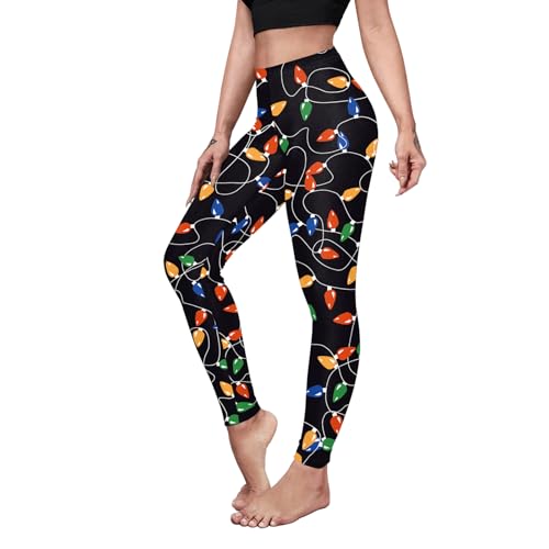 Eciodci Womens Christmas Lights Leggings Xmas 3D Printed Black Novelty Soft High Waist Stretchy Holiday Tight Pants for Women