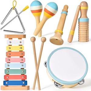 Instrumentos musicales para bebé Montessori, juguete de madera para niños pequeños de 1 a 3 años, instrumentos musicales 6 en 1, juguete Montessori a partir de 3 años con moderno xilófono boho para