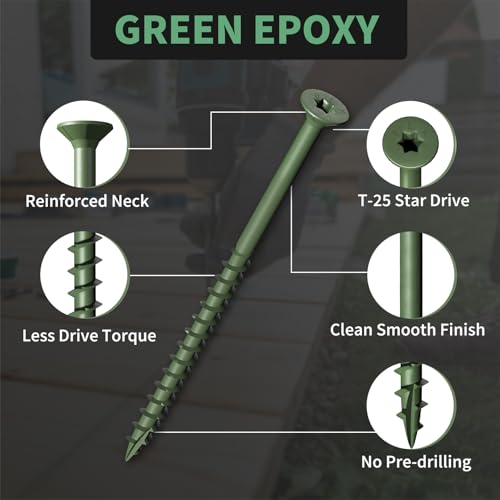Image of Wood Screws 3-1 /2 Inch, FIXLINK Deck Screws #10 x 3-1 /2 inch, 105 PCS, Epoxy Coated, T25 Star Bit Above 1500 Hour Salt Spray Coating Outdoor Decking Screws Excellent Rust Resistant for Wood Fence, Green