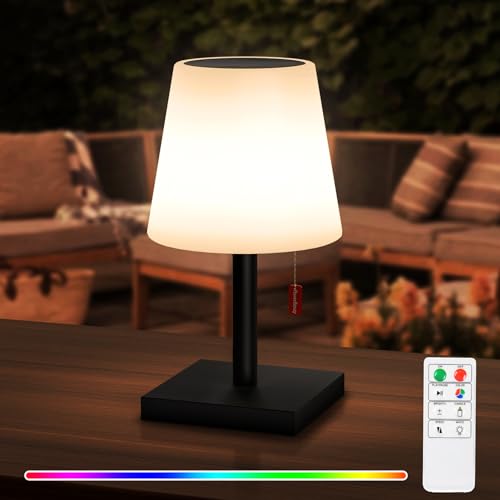 RWWR LED Solar Tischlampe Outdoor 2-in-1 Aufladung Tischlampe kabellos Akku Tischleuchte aufladbar mit Fernsteuerung 8 Farben dimmbar IP44 für Camping Garten Balkon Terrasse (Schwarz)