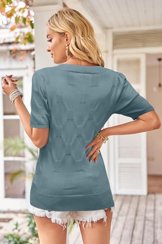 Image of Arach&Cloz Women's Lightweight Spring Summer Sweater Tops Casual Short Sleeve Blouses Shirts