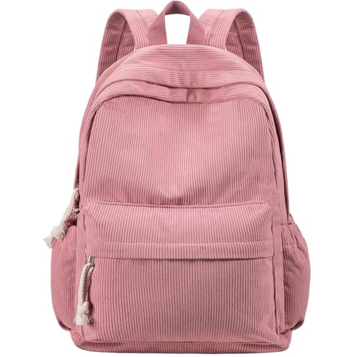Unineovo School Backpack for Teen Girls Cute Corduroy Bookbags Elementary High School Lightweight Laptop Bags Women Work Travel Daypacks (Pink)