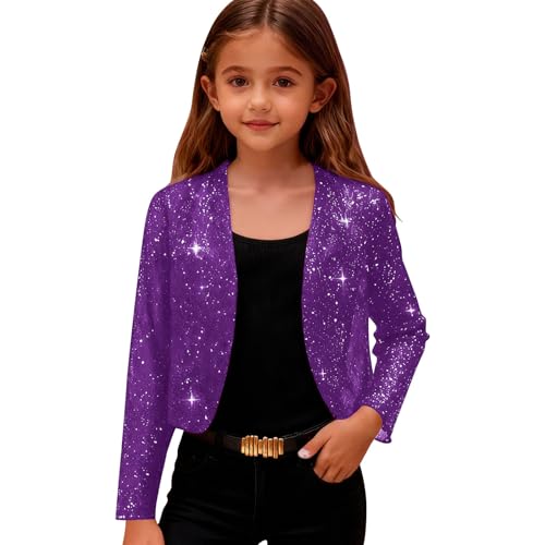Sequin Jacket for Girls Sparkly Cropped Open Front Long Sleeve Shrug Kids Fall Fashion Party Glitter Blazer Cardigan