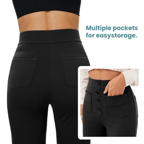 Glacspyg Weite Hose Damen Hohe Taille Sporthose Knopf Gerade Hosen mit Taschen Elastische Freizeithose Schwarz M