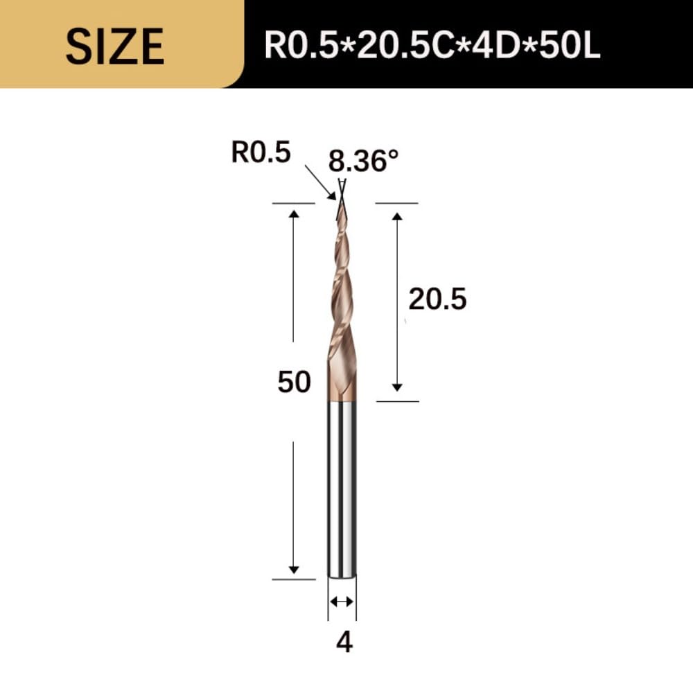 Frez stożkowy spiralny | Frezy z końcówką kulistą 3,175/4/6 mm do obróbki drewna i metalu, 1 szt(R0.5x20.5Cx4Dx50L)