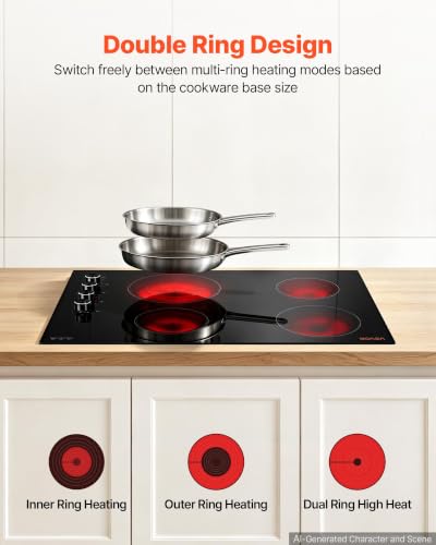 Image of VEVOR Electric Cooktop 30inch 4 Burners Stove Top 6700W 220V No Plug, Ceramic Built-in Radiant Electric Stove, with 11 Power Levels, Timer, Child Lock, Over-Heat Guard, Knob /Touch Control