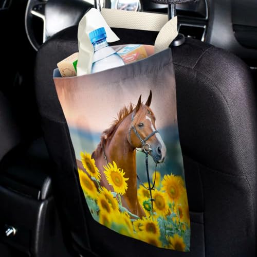 Image of Car Trash Bag Hanging No Snap Small Garbage Bag for Car Back Seat Cute Printed One-handed Strap Trash Bags Car Accessories-Horse Sunflower Car Trash Bags