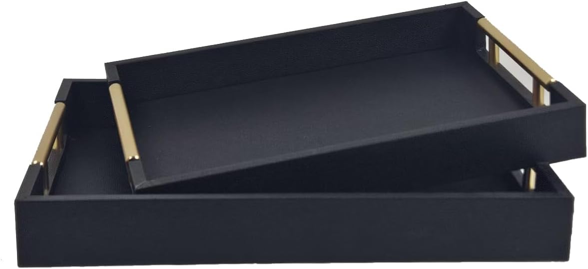Set of 2 Wood Serving Tray with Gold Polished Metal Handles, Home Decorative Wooden Rectangle Ottoman Leather Decor Platter Bathroom Vanity Tray for All Occasions (Black)