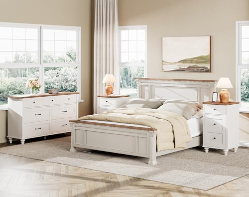 WAMPAT 3 Piece Bedroom Set - Includes One 7 Drawer Dresser, Set of 2 Tall Bedside Tables with Charging Station & Cabinet, 3 Piece Dresser and Nightstand Sets, Off White