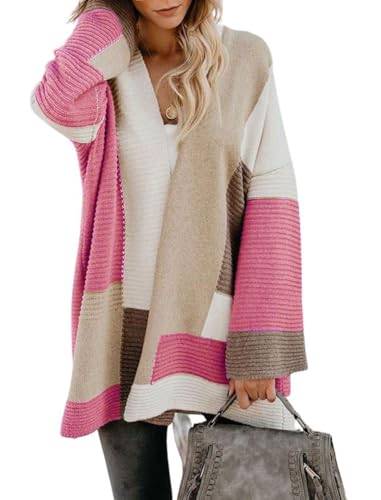 Image of chouyatou Women's Fall Geometric Color Block Open Front Cardigan Sweater Elegant Casual Oversized Coatigan Coat