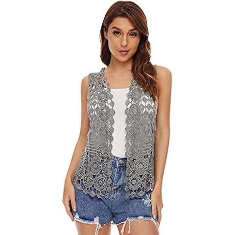 Womens Floral Crochet Lace Boho Trim Sleeveless Open Front Vest Cardigan Cover