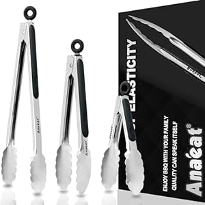 Anaeat Premium Kitchen Locking Tong Set of 3 – Heavy Duty Stainless Steel Food Tongs with Long Handle & Non-Slip Silicone Grip for Cooking, Baking, Grilling – Heat Resistant up to 480°F
