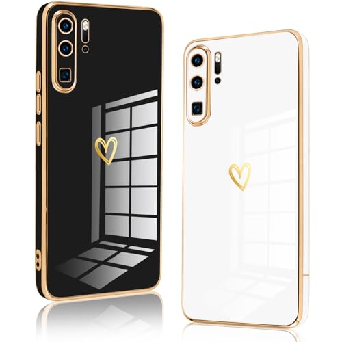 Vauki 2 Pezzi Cover per Huawei P30 Pro, Custodia con Motivo Cuore, Antiurto Silicone TPU Morbida Love Case con Protezione Della Fotocamera Ragazzi e Ragazze,Nero+Bianco