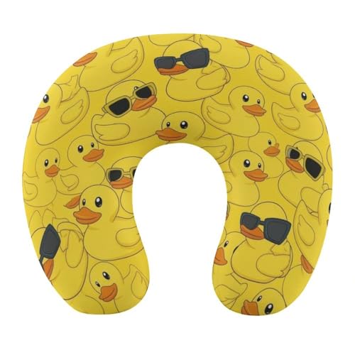 Image of Fashion Travel Pillow Memory Foam Chin Head Support Cute Rubber Yellow Ducky with Sunglasses, Breathable Washable Cover for Women Men Airplane Car Decor