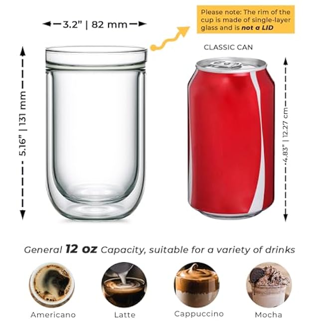 Aquach 12 Oz Double Walled Glass Coffee Mugs, Clear Glass Tea Cups, Microwave and Dishwasher Safe Home Office Insulated Cups Perfect for Americano Latte Hot&Cold Beverages, 2-Pack