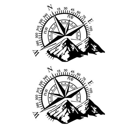 2PCS Compass Mountain Car Sticker, Vinyl Auto Decal Compass Car Decal Universal Car Bonnet Side Body Window Stickers Auto Hood Decal Auto Decor for RV Camper Caravan Jeep Truck Van, 40 * 32cm, Black