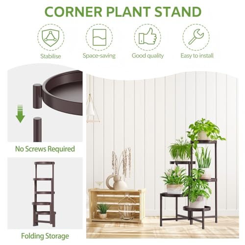 Image of iDavosic.ly 5 Tier Large Plant Stand Indoor, 10 Inch Wide Tall Corner Metal Plant Stands Outdoor for Multiple Plants, Folding Tiered Flower Display Holder Rack Shelf, Violet Bronze