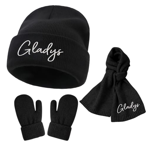 Personalized Toddlers Winter Scarf Gloves Set 3 Pcs, Custom Embroidered Name Beanie Hat, Knit Warm Set for Kids
