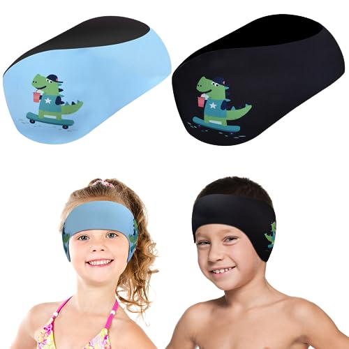 2 Piezas Diadema de Natación Niños, Banda para Cabeza de Natación, Cinta Natacion Oidos Niños Banda de Neopreno Elástica Con Patrón Animal Lindo para Nadar y Surfear (L, Azul+Negro)