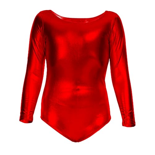 Maillot Ballet Niña de Manga Larga y Cuello Redondo, Maillot Danza Niña para Bailarina Gimnasia, (Rojo brillo, 10 años)